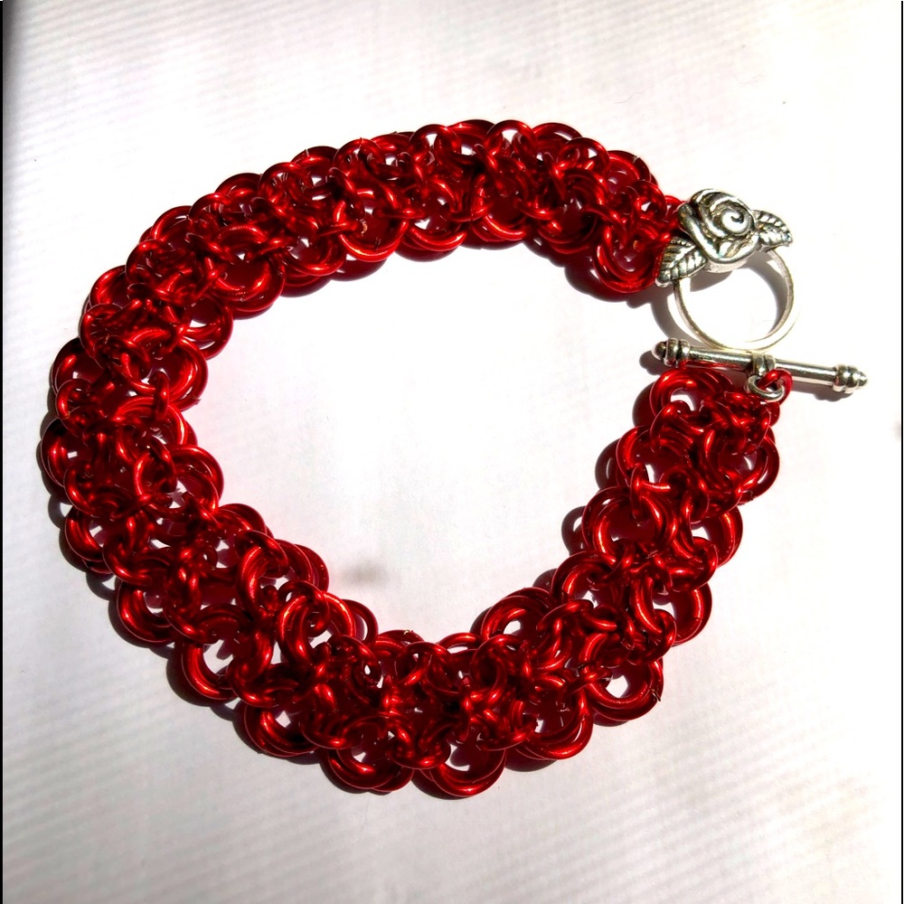 Red rosette weave chainmaille bracelet